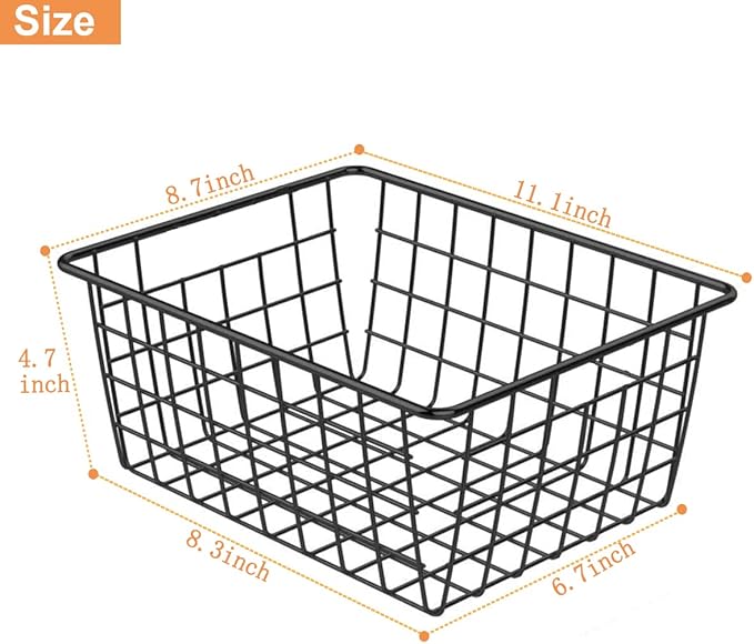 Wire Baskets for Organizing, 4 Pack Household Pantry Basket Black Metal Storage Bins Wire Storage Baskets Metal Baskets for for Home Office Kitchen, Bathroom