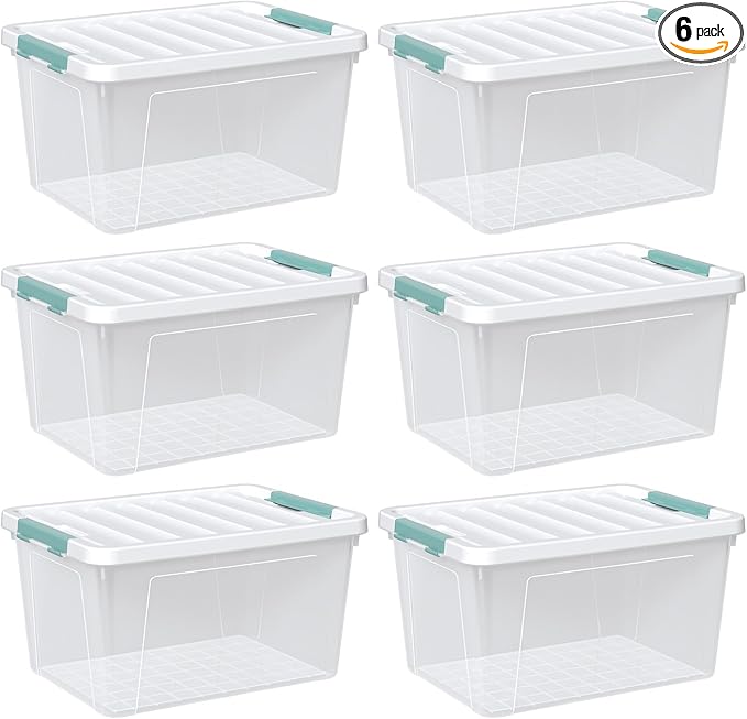 Zopnny 35 Qt. Stackable Plastic Storage Bins with Lids, 6 Pack, See-Through Organizing Solution, Latches, Durable Nestable Containers, Clear