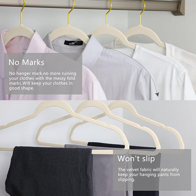 MIZGI Premium Velvet Hangers Pack 50 Pcs Heavyduty - Non Slip Slimline - Velvet Suit Hangers Ivory - Gold Hooks,Space Saving Clothes Hangers …