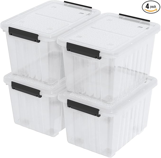 Ewingger 30 L Plastic Storage Bins with Wheels, Clear Latching Box with Lid, 4-Pack