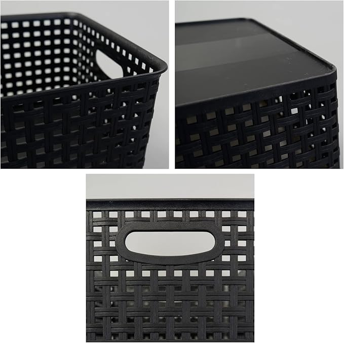 Obstnny Plastic Weave Storage Basket 4 Pack, Kitchen Pantry Organzing Basket Bin, Black