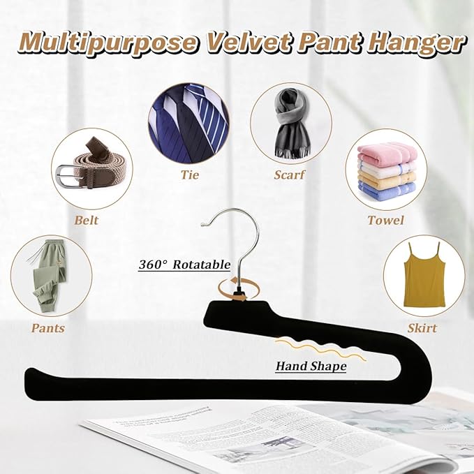 Velvet Pants Hangers - 32 Pack Black Non Slip Felt Slim & Sleek Heavy Duty Space Saving Closet Hangers with 360 Swivel Hook for Trousers, Shorts, Jeans, Suits, Towels