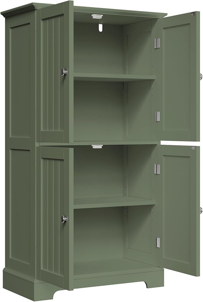 ChooChoo Bathroom Floor Cabinet, Modern Bathroom Storage Cabinet with 4 Doors and Adjustable Shelves, Freestanding Cupboard for Living Room, Green