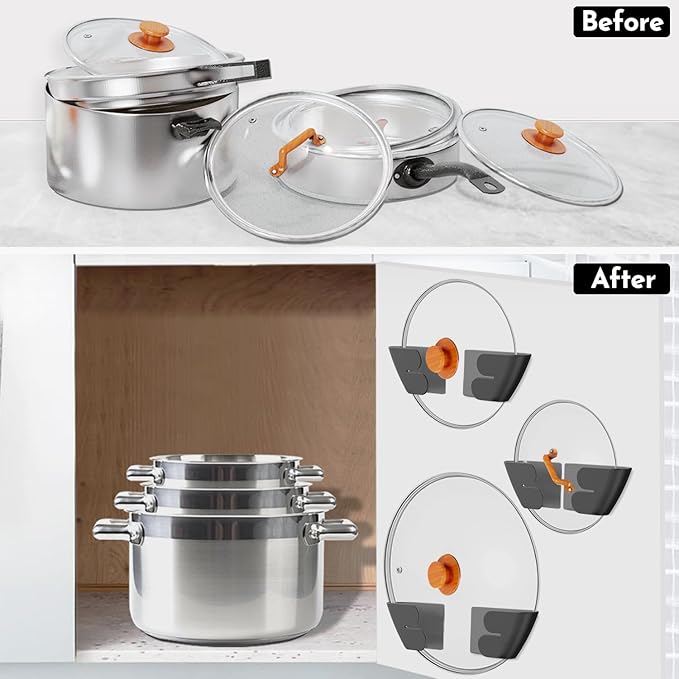 Universal Adjustable Pot Lid Organizer for Cabinet - Upgraded Patented Set of 8 Pan Lids Organizers Inside Cabinet Door Wall Mount Pots Top Holder for Kitchen Cupboard, Fits 6" to 14" (Black)