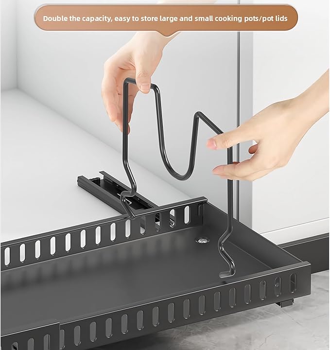 pots and pans organizer under cabinet,pot lid organizers inside cabinet holders for kitchen,Horizontal and vertical pulling modes,Can be extended and adjusted (White horizontal pull-out)