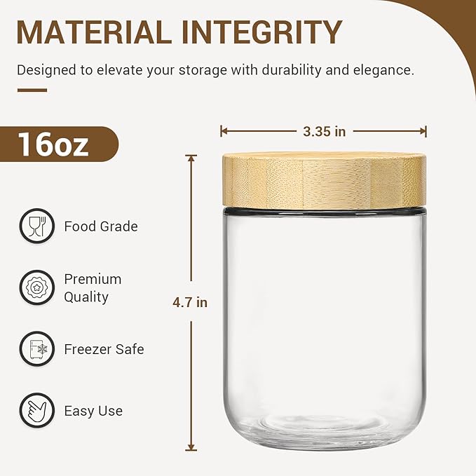 NETANY 6-pack 16oz Glass jars with Airtight Lids, Overnight Oats Containers with Bamboo Lids, Wide mouth Mason Salad jars, Glass Food Storage Containers for Snacks Yogurt Spice Sugar