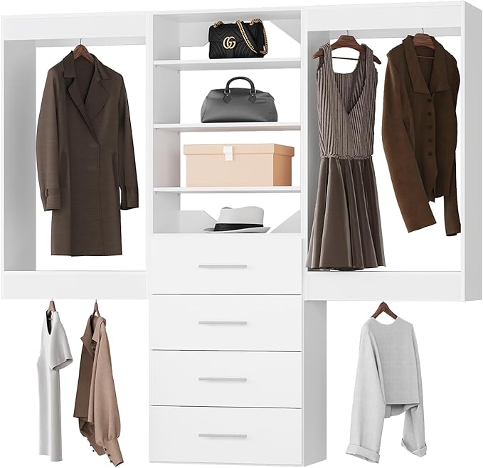 ROOMTEC Modular Closet System, 78" Wall-Mounted Closet Organizer with Drawers and Hanging Rods, Wooden Tower for Walk-In Closets, Wardrobe Storage Kit, White