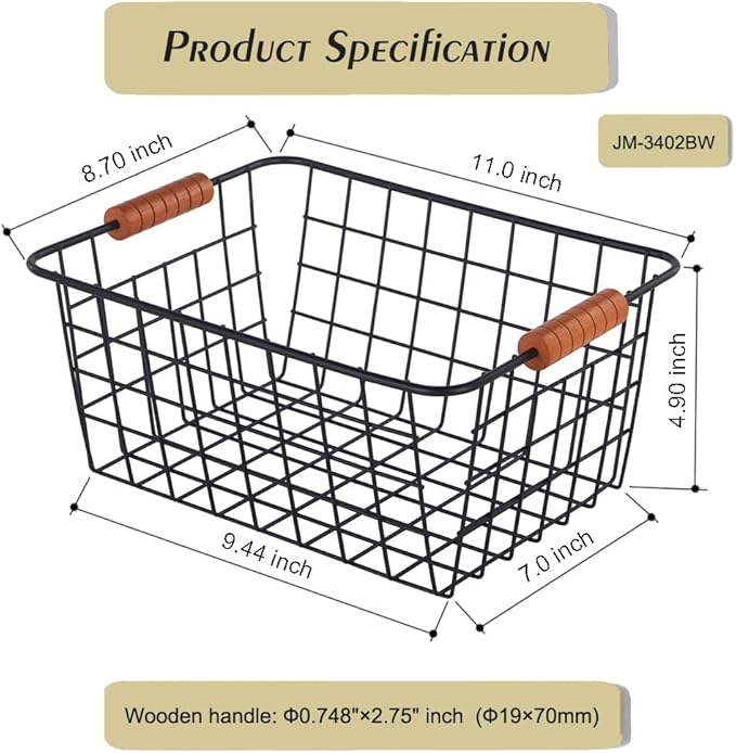 Wire Kitchen Storage Basket 4 Packs,Perfect Pantry Organization Accessories Baskets,Laundry Basket,With a Wooden handle,Suitable for Kitchen,Bathroom,Bedroom,Tabletop,Stackable,Black