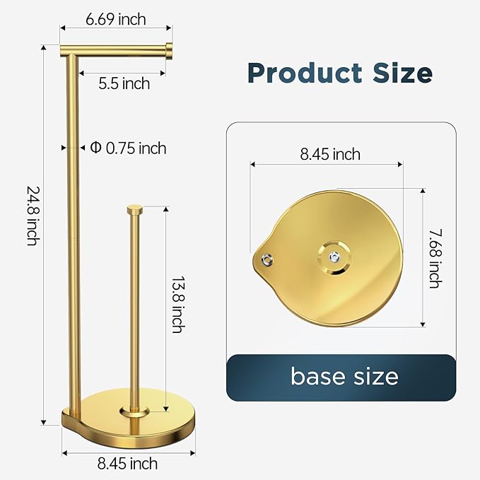 theaoo Heavy-Duty Toilet Paper Holder Stand – Modern Freestanding Bathroom Toilet Tissue Paper Roll Holder with Reserve & Storage, Stainless Steel (Brushed Gold, Free Standing)