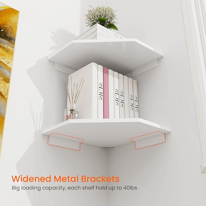 Homode Corner Wall Shelf, Corner Shelf Floating, Set of 4 Wooden Hanging Corner Shelves with Wire Hole for Bathroom Living Room Office, White