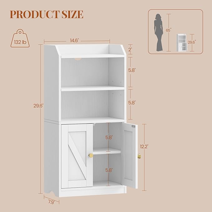Small Bathroom Storage Cabinet, Bathroom Organizers and Storage with 2 Doors and Shelves, Floor Cabinet Freestanding with Adjustable Shelf for Small Spaces, White 7.9" D x 14.6" W x 29.6" H