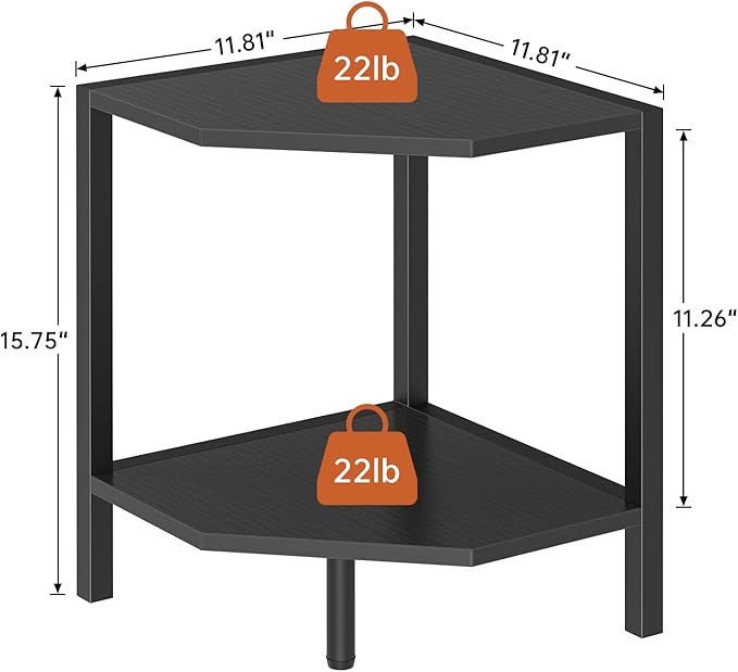 Corner Shelf Stand, 2 Tier Industrial Corner Bookshelf, Multipurpose Standing Corner Display Shelf Countertop Organizer for Living Room Kitchen Bedroom Office, Black