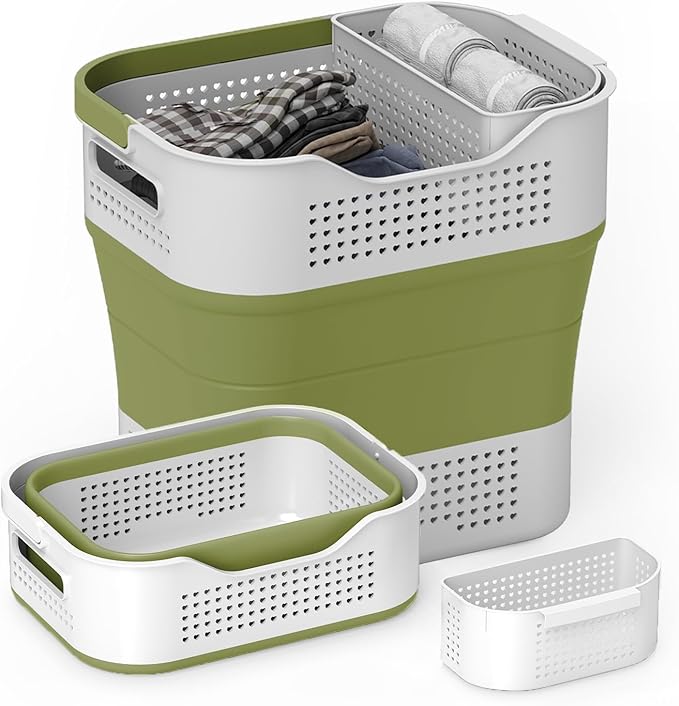 TECHMILLY Collapsible Plastic Laundry Basket Hamper with Handles, 35L Portable Rubber Clothes Basket, Pop Up Storage Container/Organizer with Hanging basket for Washing & Storage, Green