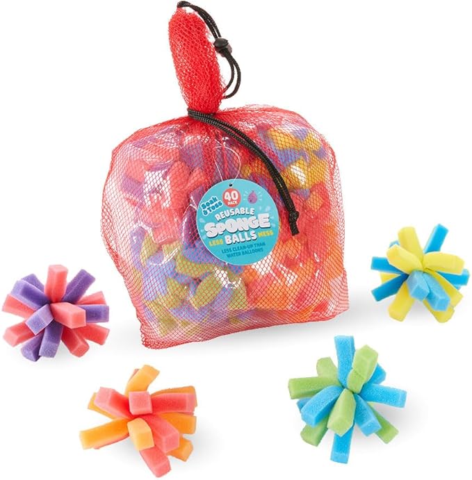 Chuckle & Roar - Reusable Sponge Balls - Eco-Friendly Water Balloon Alternative - Less Mess Family Outdoor Fun - Perfect for Preschool and Up! - Multicolor 40 Pack with Storage Bag