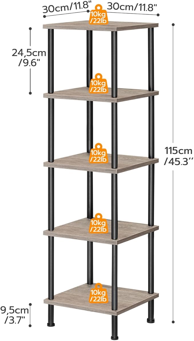 HOOBRO 5-Tier Corner Shelf Stand, Corner Square Rack Display Shelf, Tall Storage Rack Plant Stand, Bookcase for Small Spaces, Living Room, Home Office, Kitchen, Greige and Black BG50CJ01