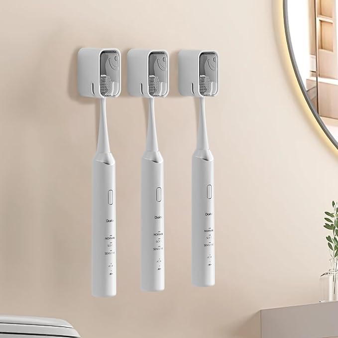 4 Pack Covered Toothbrush Holders, Adhesive Mount Wall Toothbrush Holder for Electric/Manual Toothbrushes, Grey