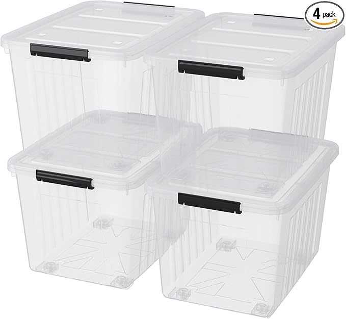 Ewingger 70 L Large Clear Storage Boxes, 4-Pack Plastic Storage Bins with Lids and Wheels