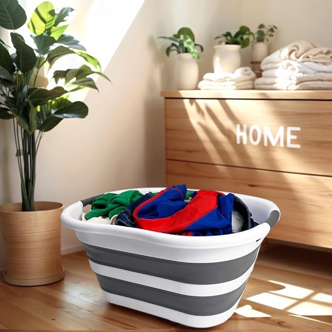 SAMMART 40L (10.5 gallon) Plastic Foldable Laundry Basket/Tub - Collapsible, Space Saving and Portable Laundry Hamper, Ideal for Home, Travel, Dorm, and Camping (1, White/Steel Gray)