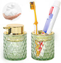 Bathroom Accessories 2 Piece Set Glass Soap Dispenser and Toothbrush Holder, 10oz Foaming Soap Dispenser, Green Toothbrush and Toothpaste Holder Organizer Cup for Modern Bathroom Decor