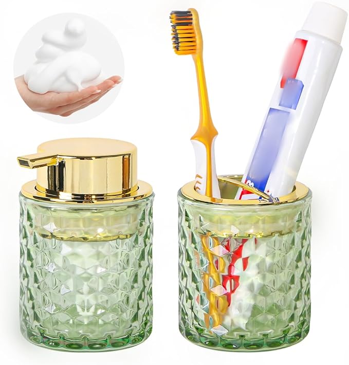 Bathroom Accessories 2 Piece Set Glass Soap Dispenser and Toothbrush Holder, 10oz Foaming Soap Dispenser, Green Toothbrush and Toothpaste Holder Organizer Cup for Modern Bathroom Decor