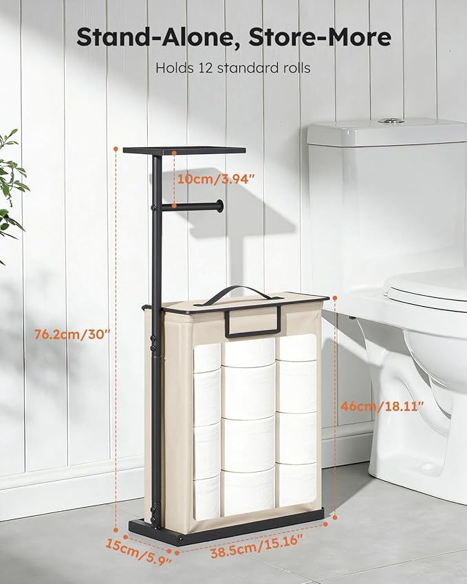 SOLEDI Freestanding Toilet Paper Holder Stand,Bathroom Toilet Paper Storage Organizer with Lid for up to 12 Rolls,Featuring Shelf and Sturdy Metal Base,Beige
