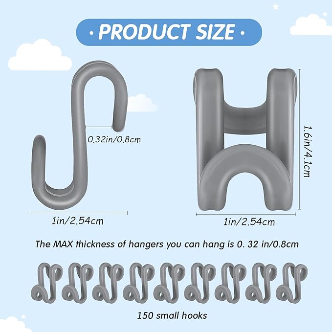 Unittype 150 Pcs Space Saving Hanger Hooks, Clothes Hanger Connector Hooks, Heavy Duty Space Saver Extender Clips for Closet Organizers (Gray)
