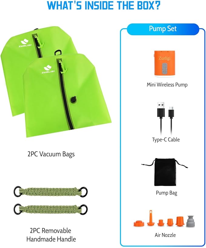 Zurligi Vacuum Compression Bags with Pump for Travel – IPX8 Waterproof Vacuum Packing Cubes, Reusable Carry-On Bags for Clothes, Suitcase & Backpack(2-Pack, Green)