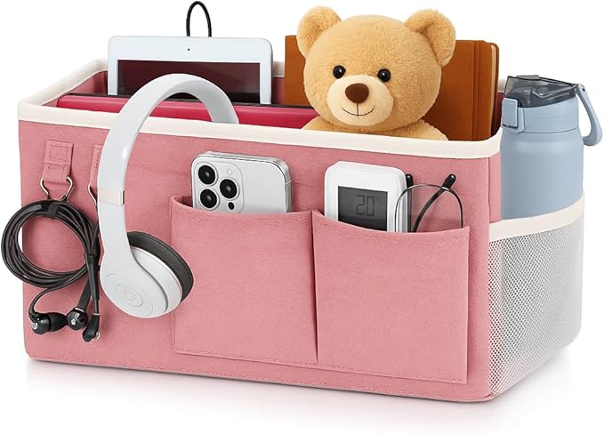 ADVANCELLPRO Bedside Caddy Organizer Hanging Storage Bag with Pockets for Books, Magazines, Phone, Tablet & Water Bottle – Bedside Storage for Dorm, Bunk Beds, Hospital Beds & Cribs, Pink
