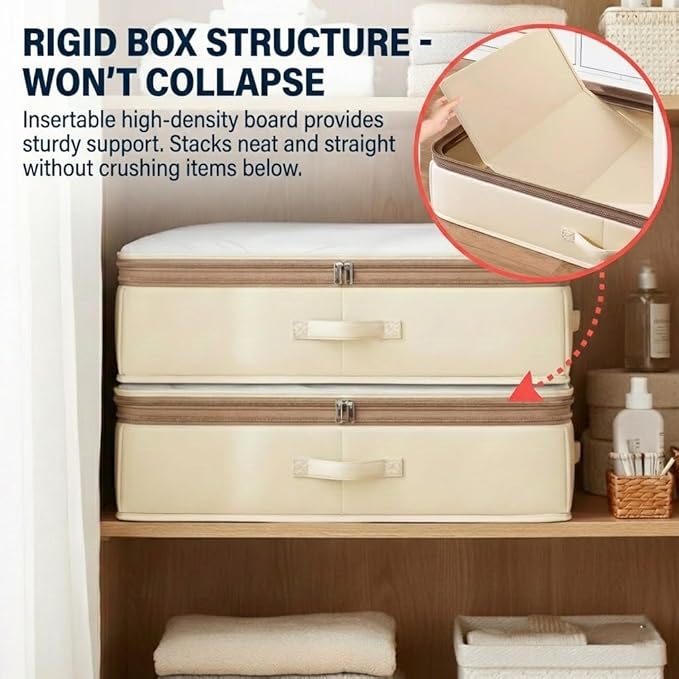 2-Pack Expandable Under Bed Storage Containers with Sturdy Bottom Board, 96L Vacuum-Free Compression Space Saving Organizer, Height Adjusts from 11.4" to 6.7", Premium Oxford Fabric, Ivory