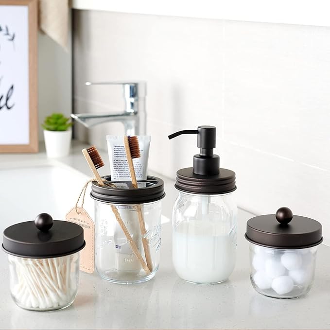 Amolliar 4 Pack Mason Jar Liquid Soap Dispenser, Rustproof Stainless Steel Lid Pump, Refillable Hand Soap for Bathroom, Kitchen, Cute Farmhouse Decor for Dish Soap, Liquid Soap, Lotions(Bronze)