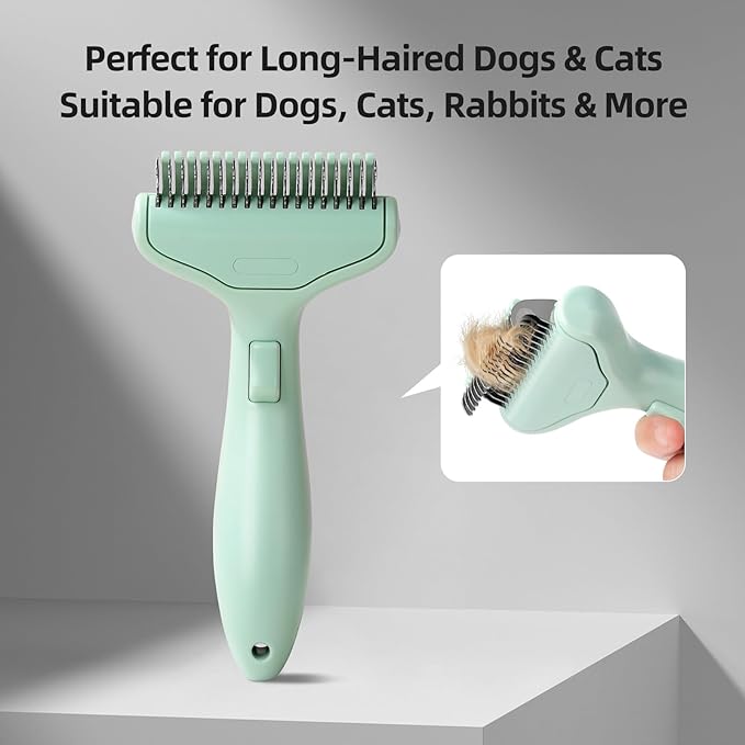 Pet Grooming Combo Tool for Cats and Dogs, Deshedding and Dematting Rake with Metal Comb forDetangling Long, Matted Fur (Green)