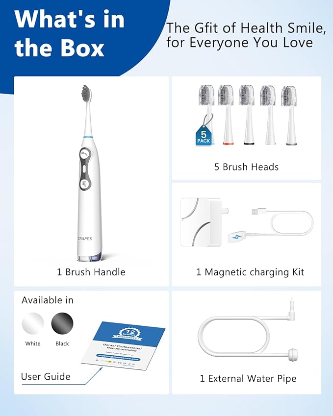 3-in-1 Flossing Toothbrush – Flosses, Vibrates and Oscillates, Electric Toothbrush with Water Flosser for Adults, 5 Brush Heads, 3 Modes for Plaque Removal, Sensitivity & Braces, Travel - White