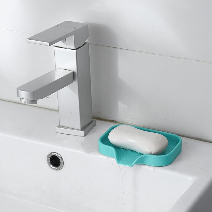 MicoYang Silicone Bathroom Soap Dishes with Drain Spout-Bathroom and Kitchen Sink Organizer,Sponge Holder,Dish Soap Tray,Perfect for Dispenser,Scrubber,Bottle,Cup on Sink or Counter-Mint 4.9"×3.2"