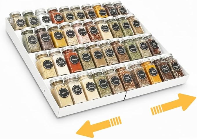 GOENDR Metal Spice Drawer Organizer, 4-Tier 2 Set Spice Rack for Drawer, Expandable From 11.4" to 22.8" Seasoning Organizer, Kitchen Spice Rack Tray for Drawer/Countertop (Jars not included) White