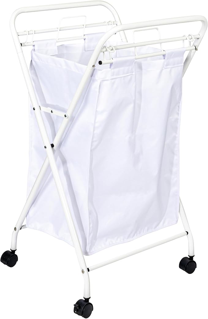 Household Essentials Rolling Laundry Hamper, Heavy Duty Canvas Bag, 2 Load Capacity, Foldable Frame, White Bag with Velcro Fasteners, White