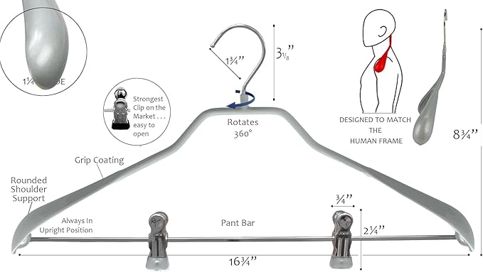 Mawa by Reston Lloyd BodyForm Series Non-Slip Space Saving Clothes Hanger with 2 Clips for Pants or Skirts, Style 42/LK, 1-Piece, Silver