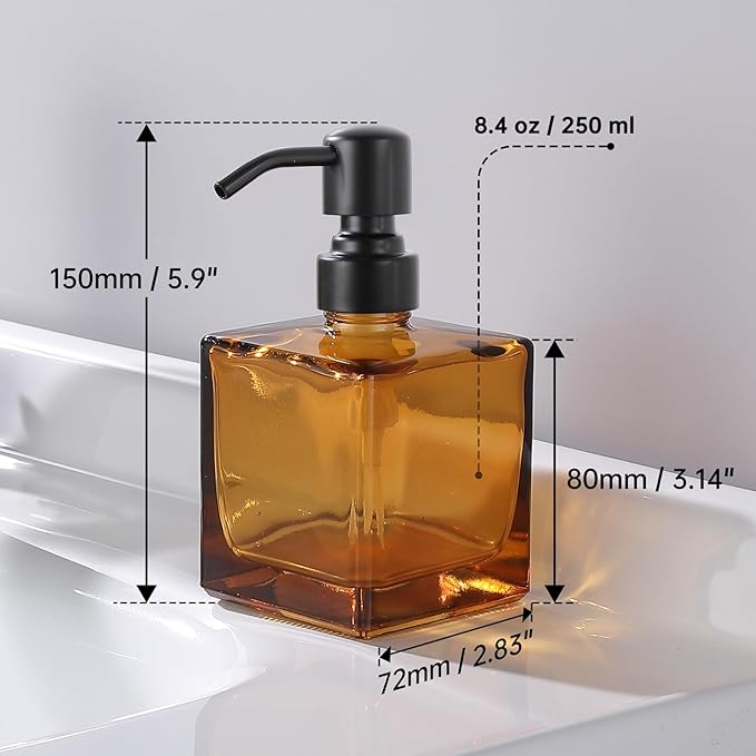 Square Bathroom Soap Dispenser Amber Bottle with Black Pump, Retangle Cube 8.4 oz Glass Bottles with Stainless Steel Pump Hand Liquid Soap Dispenser Kitchen