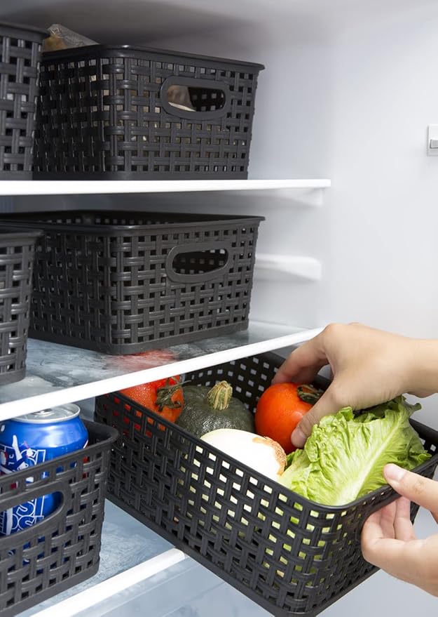 Black Plastic Woven Storage Baskets, 6-Pack Weave Basket Organizer for Kitchen Office Bathroom