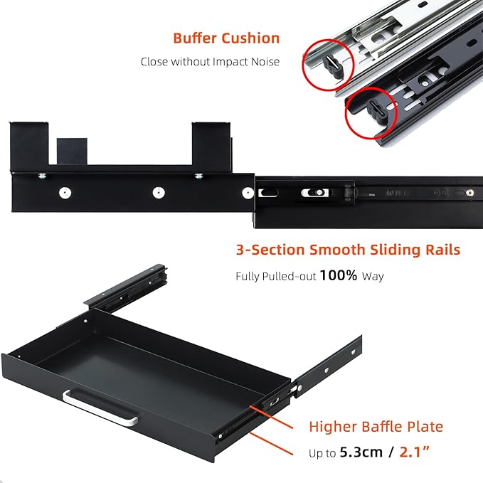 Under Desk Drawer Black 21" with 4 Divider Trays, Under Shelf Pencil Drawer Pull-out, Standing Desk Metal Storage Attachment Slide Out for Workbench