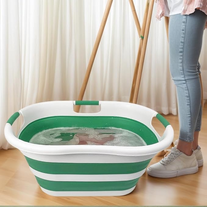 SAMMART 40L (10.5 gallon) Set of 2 Collapsible Plastic Laundry Hamper - Foldable Pop Up Storage Container/Organizer - Portable Washing Tub - Space Saving Basket (2, White/Winter Green)