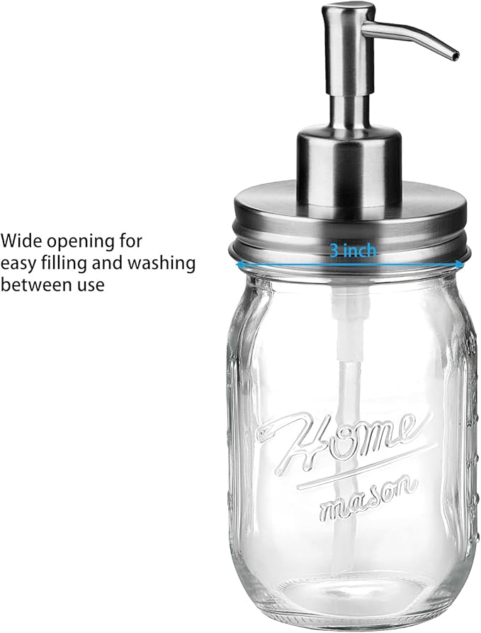 SheeChung 16 Oz Mason Jar Liquid Soap Dispenser, Glass Hand Soap Dispenser, Stainless Steel Pump Lid, Refillable Lotion Dispensers for Bathroom Countertop Kitchen (2, Brushed Nickel)