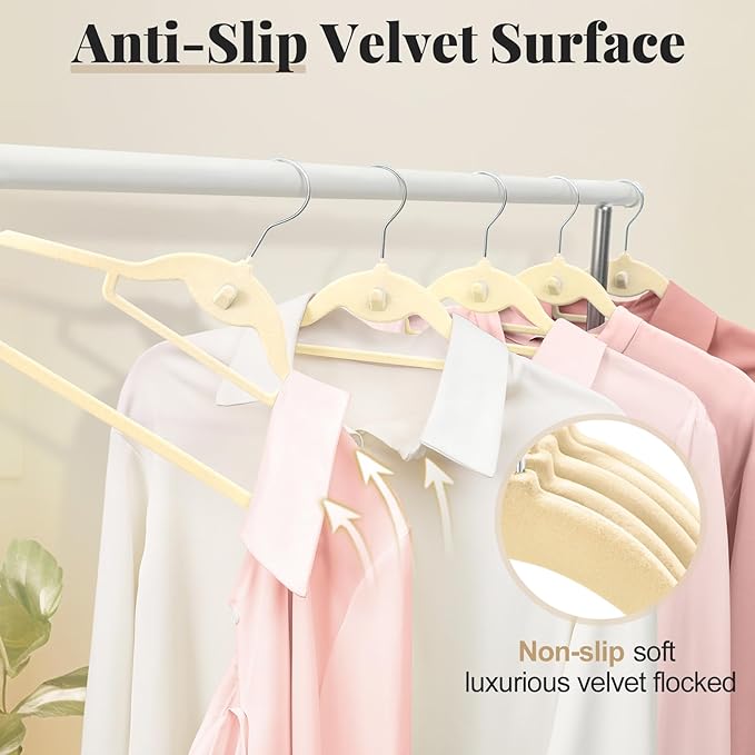 Velvet Hangers 50 Pack, S-Shaped and Stackable Non Slip with 360°Swivel Hook, Ultra Thin and Space Saving Flocked, for Suits, Shirts, Coats, 15Lbs Capacity Heavy Duty, Ivory