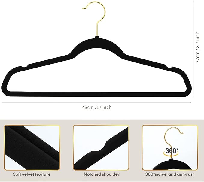 MOERKADA 36-Pack Premium Velvet Hangers with Gold Hooks - Space-Saving Non-Slip Heavy-Duty Clothes Hangers for Coats, Suits, Dresses, and Sweaters - Slim Design, Closet Organizer(Black+Gold)