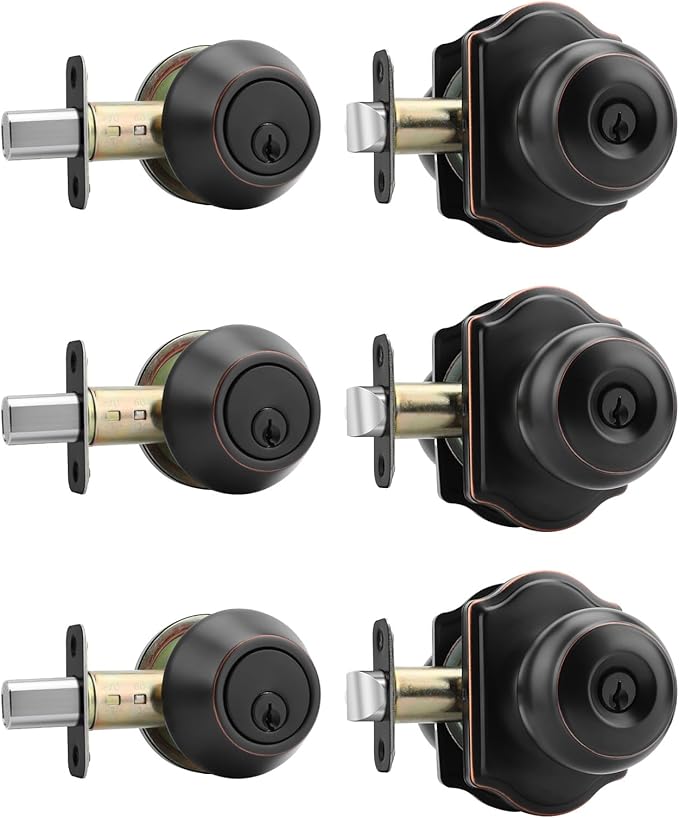 Haidms Exterior Deadbolt and Keyed Entry Bronze Door Knob Set, Keyed-Different Entry Front Door Knobs, Deadbolt Oil Rubbed Bronze Doorknob with Lock and Key(3 Pack)