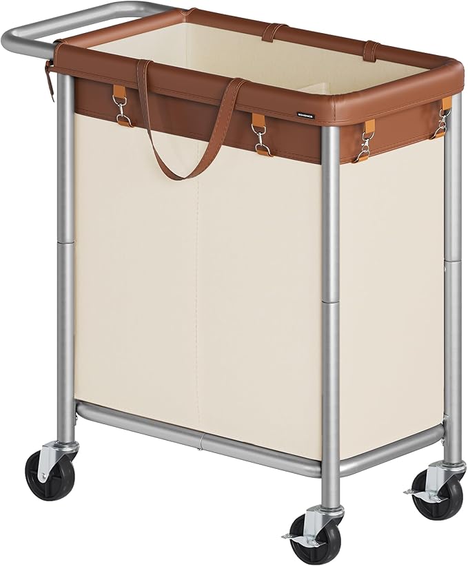 SONGMICS Laundry Basket with Wheels, 2-Section Rolling Laundry Hamper, 37 Gallons (140 L), Removable Liner, Steel Frame with Handle, 27.2 x 15.4 x 31.9 Inches, Coffee Brown and Cream White URLS004KQ02