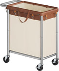 SONGMICS Laundry Basket with Wheels, 2-Section Rolling Laundry Hamper, 37 Gallons (140 L), Removable Liner, Steel Frame with Handle, 27.2 x 15.4 x 31.9 Inches, Coffee Brown and Cream White URLS004KQ02