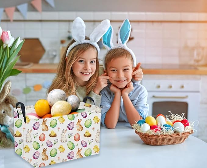 Sanjiaofeng Rectangular Easter Basket Eggs Storage Bins,Cute Storage Basket with Handles.Clothers,Books,Kid's Gifts Bins. (Color eggs)