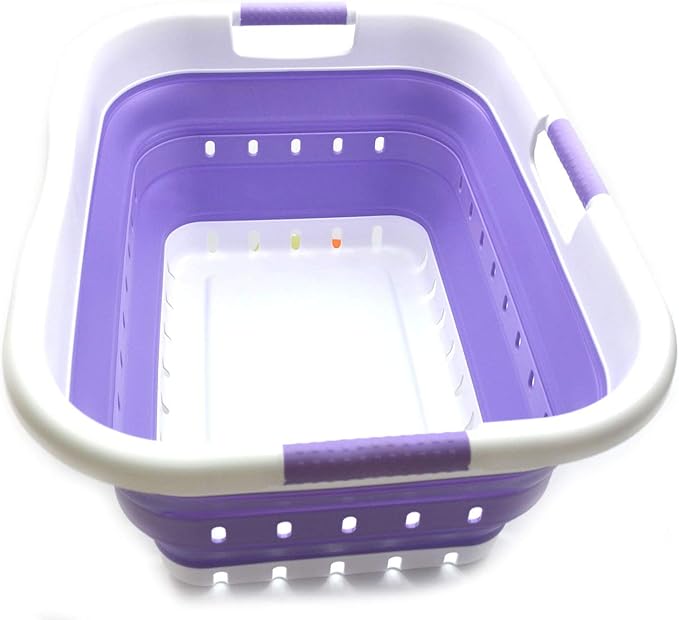 SAMMART 41L Collapsible 3 Handled Plastic Laundry Basket - Foldable Pop Up Storage Container/Organizer - Portable Basket - Space Saving Hamper/Basket (3 handled rectangular, White/Lt. Purple)