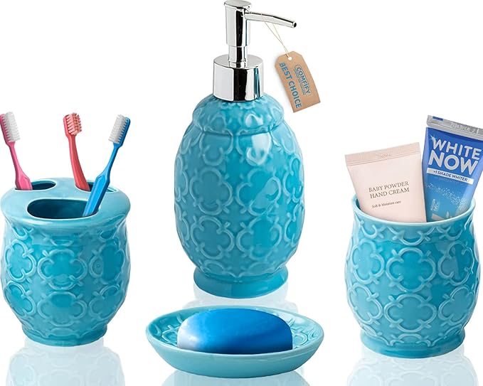 Comfify 4-Piece Bathroom Accessory Set - Ceramic Bath Set with Blue Glossy Finish - Modern Vanity Accessories Including Soap Dish, Tumbler, and Toothbrush Holder