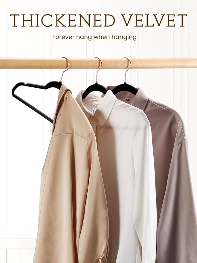 Smartor Velvet Hangers 50 Pack, Black Felt Hangers Non Slip with Rose Gold Hook, Premium Clothes Heavy Duty Velvet Hanger for Adult Coat, Suit, Short, Dress - Black